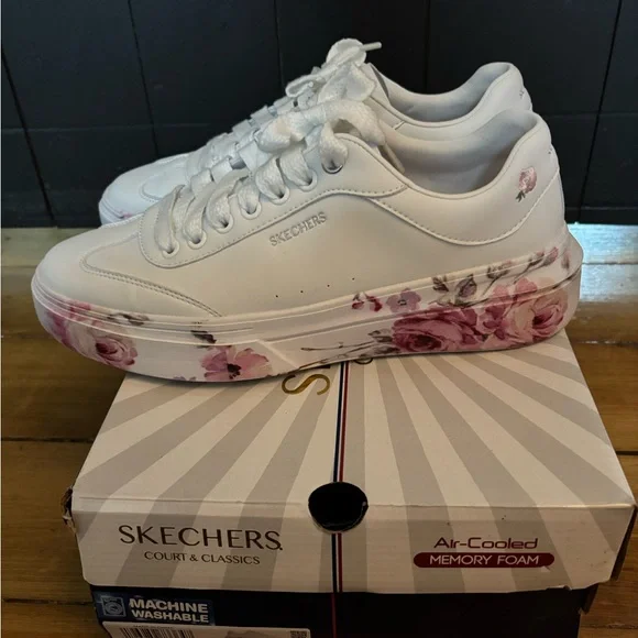 Skechers Women's White and Pink Floral Sneakers - Picture 3 of 5